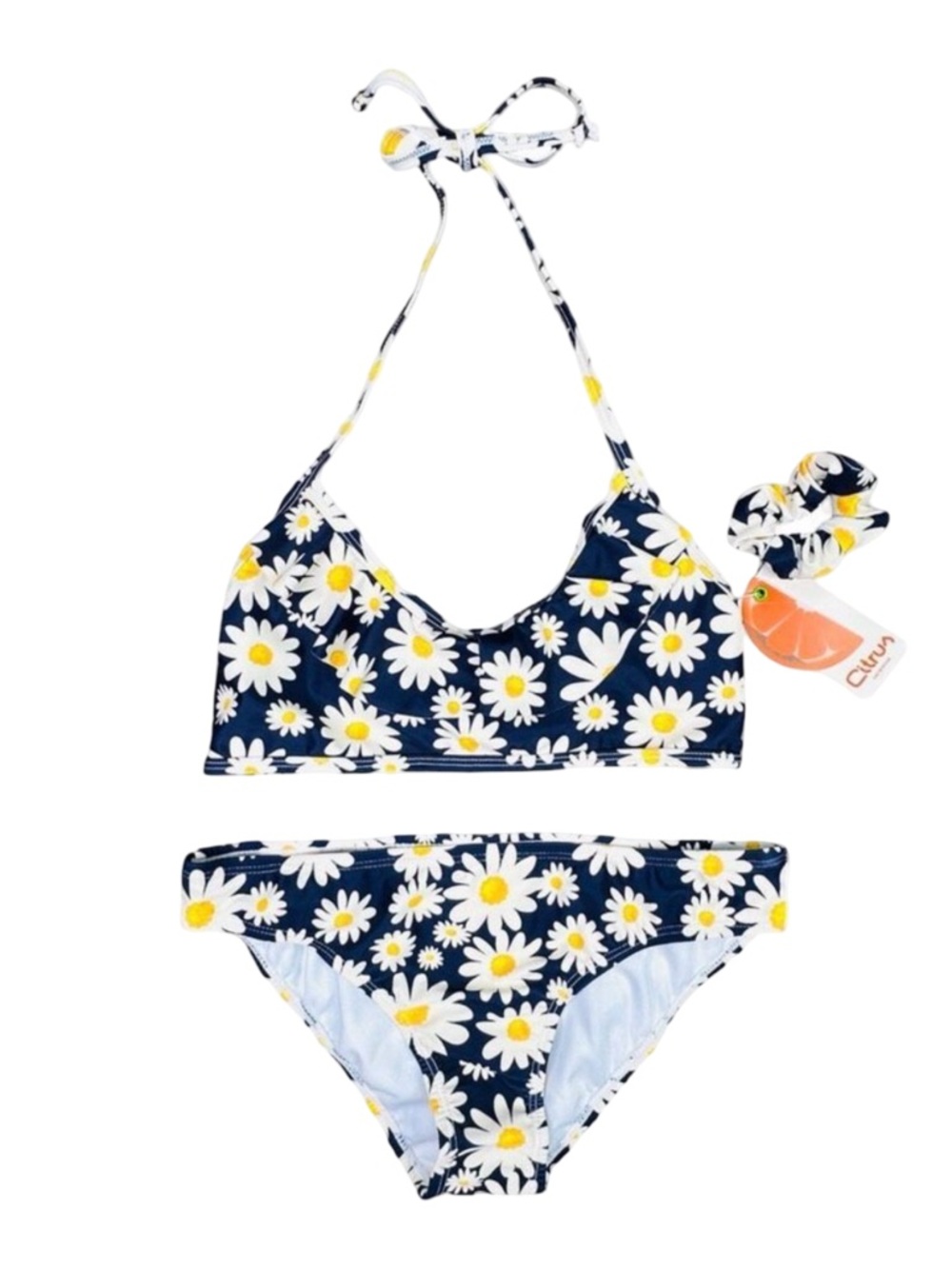 Citrus Daisy Print Bikini + Scrunchie Set - Size 16 Girl’s